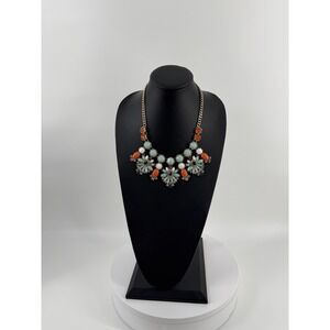 Chunky Bib Statement Necklace Gold Tone Teal Orange White crystal Floral